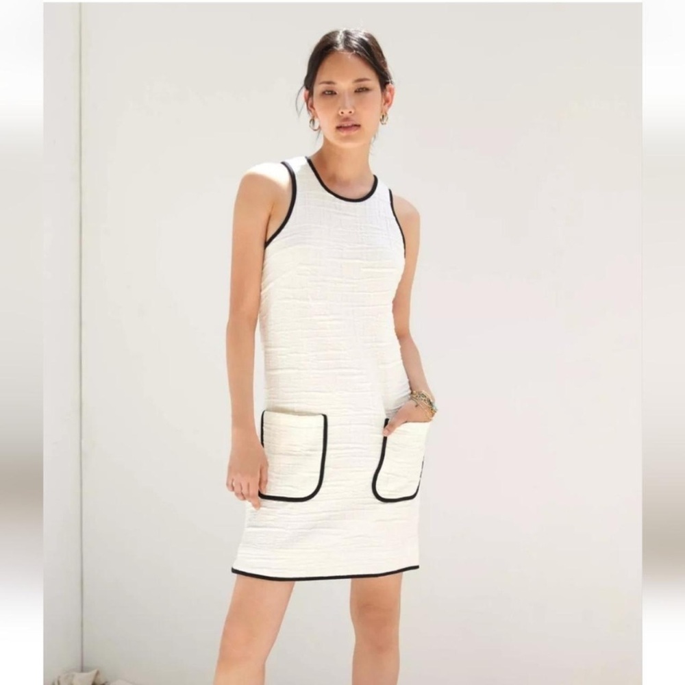 Anthropologie White Textured Shift Dress with Black Trim